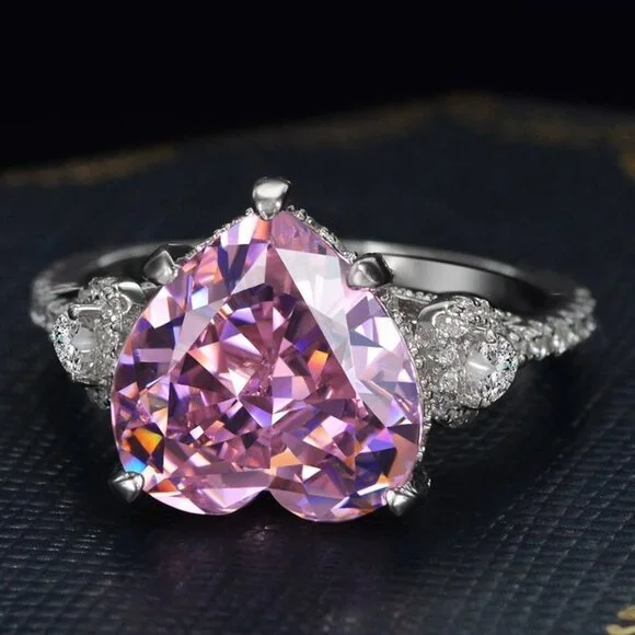 ▶Pink Heart CZ Anillos Shiny Diamonds Silver Plated Heart Ring for Women, L117